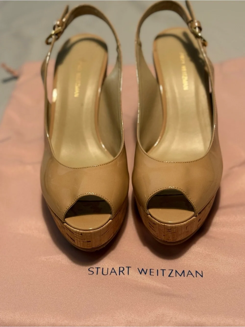 Stuart Weitzman Beige Patent Cork Wedge Slingbacks NIB Size 7.5 - Picture 3 of 9
